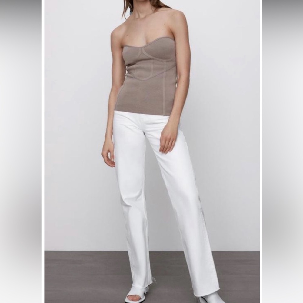 New ZARA Strapless Corset Top , Taupe beige , Knit Bustier , XS